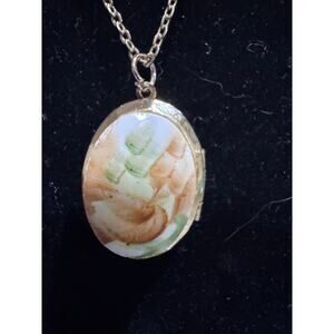 Vintage Gold-Tone Floral Porcelain Locket Necklace